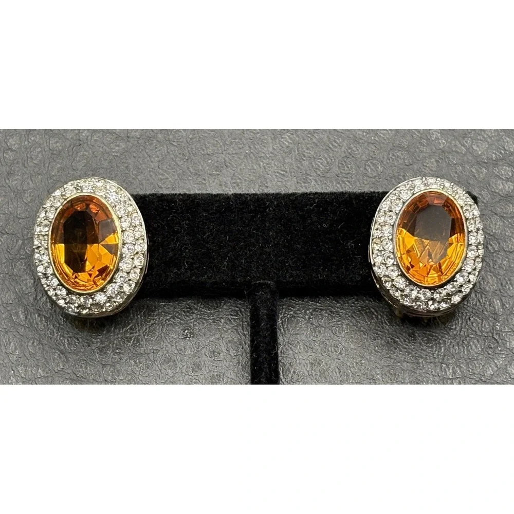 Ultima Edizione HUGE Yellow Stone 925 Sterling Silver Vintage Clip On Earrings